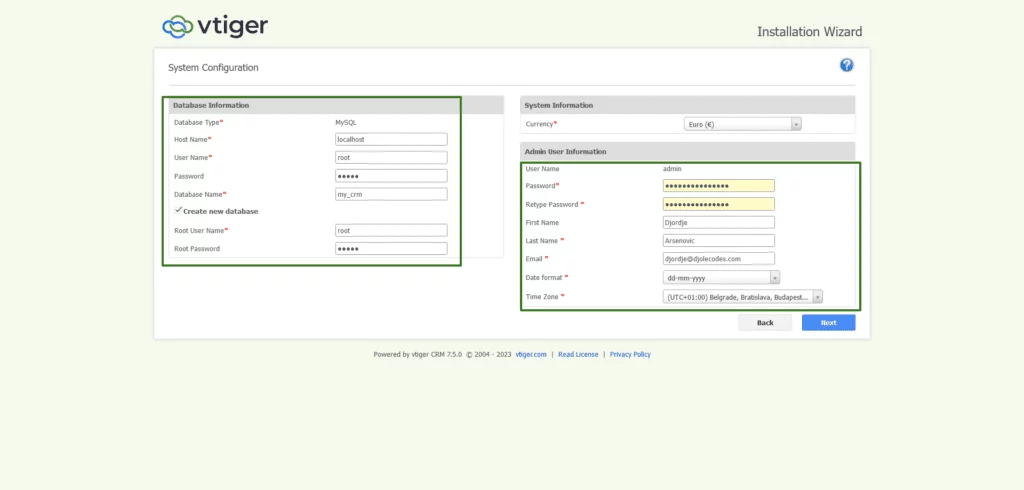 Creating the database and administrator for the CRM.