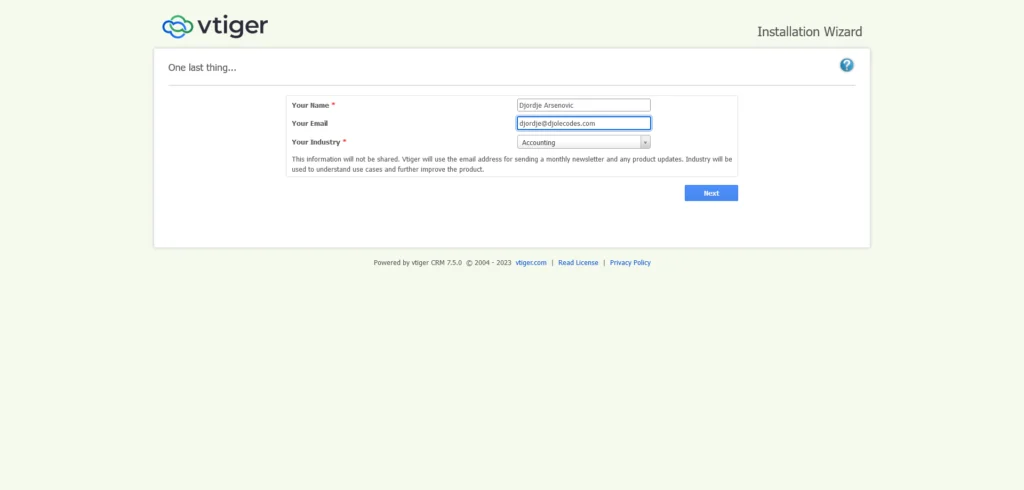 Setting up the CRM for the user's industry