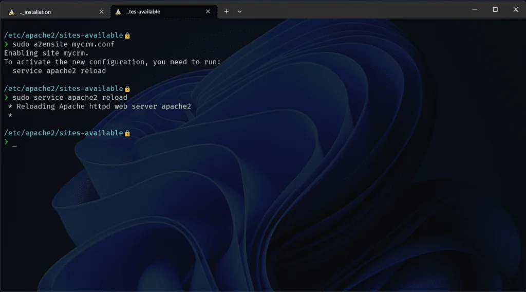 Restarting the Apache server after enabling site configuration.