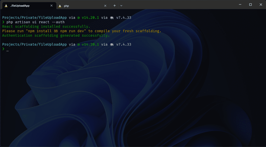 Using Laravel UI to scaffold the new React application