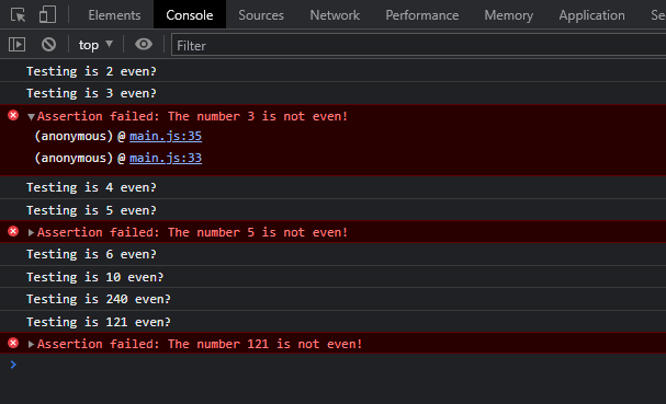 Testing the data with javascript console assert method