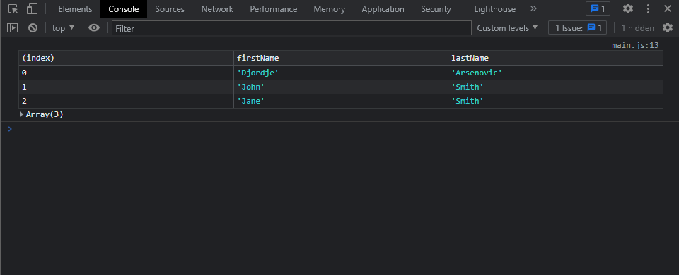 Filtering out the data we want to show of the object with javascript console table