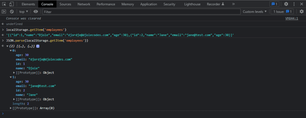 Showing parsed array of objects from local storage in the browser console